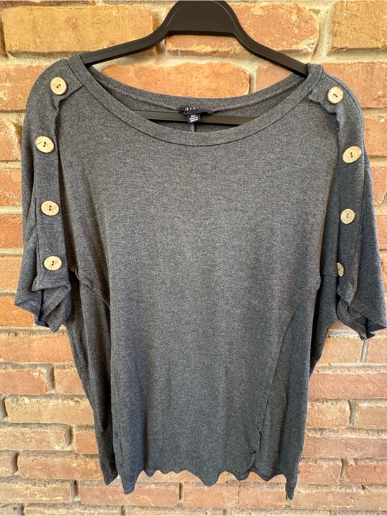 Misia Tops - Misia Charcoal Gray Short Sleeve Top with Button-Shoulder Detail
